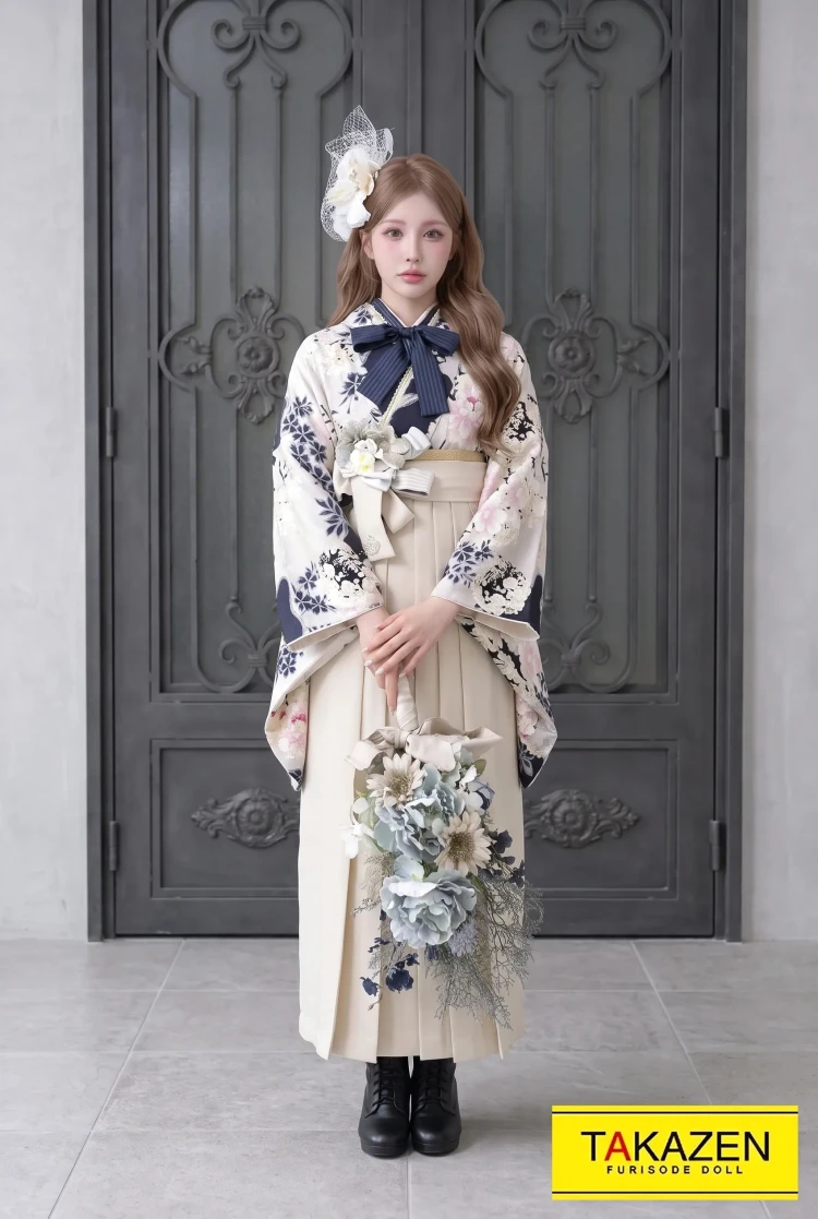 TAKAZENのレンタル袴 くすみカラーガーリー　グレー/ブルー(青色)　ボタン柄　大人かわいい　リボン半襟【通販可】R21043