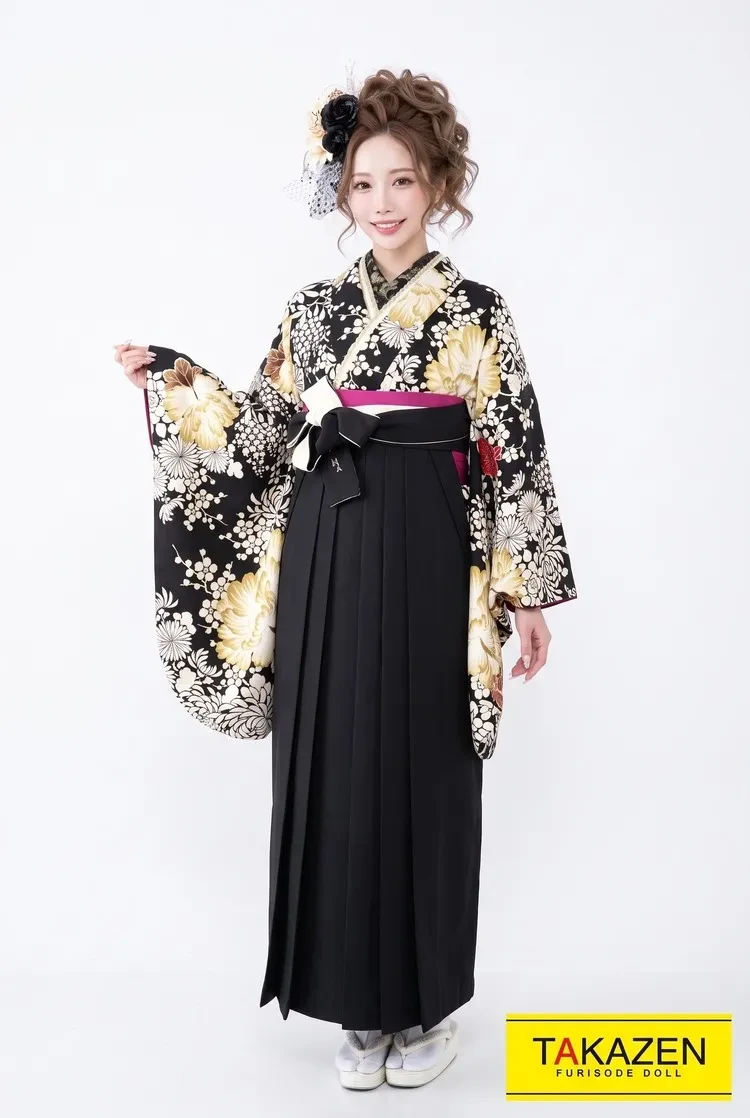 TAKAZENのレンタル袴 かっこいい 黒/白/ゴールド(金色) 乱菊柄 派手 目立つ ギャル クール【通販可】R21045