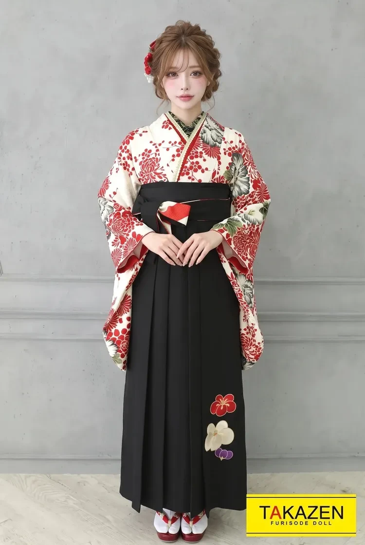 TAKAZENのレンタル袴 モード系 白/赤/グレー 牡丹柄 派手 目立つ 大人っぽい かっこいい【通販可】R21047
