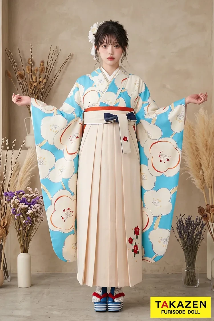 TAKAZENのレンタル袴 レトロ　白/ブルー(水色)　梅柄　人気　個性的　モダン　可愛い【通販可】R30004