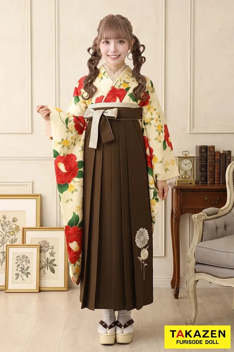 TAKAZENのレンタル袴 レトロ クリーム/赤/グリーン(緑色) ツバキ柄 人気 個性的 モダン 可愛い 【通販可】R30012