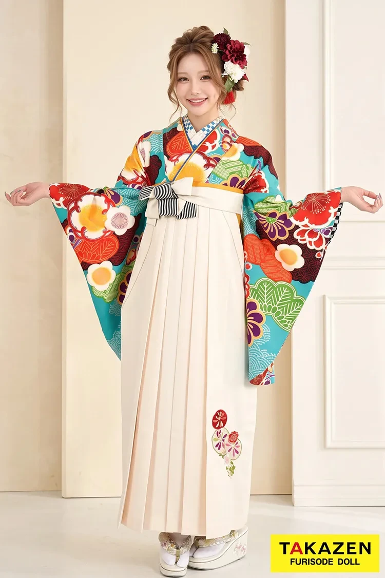 TAKAZENのレンタル袴 JAPANSTYLE×中村里砂ブランド袴 水色/オレンジ 松柄/梅柄 かわいい【通販可】R30015