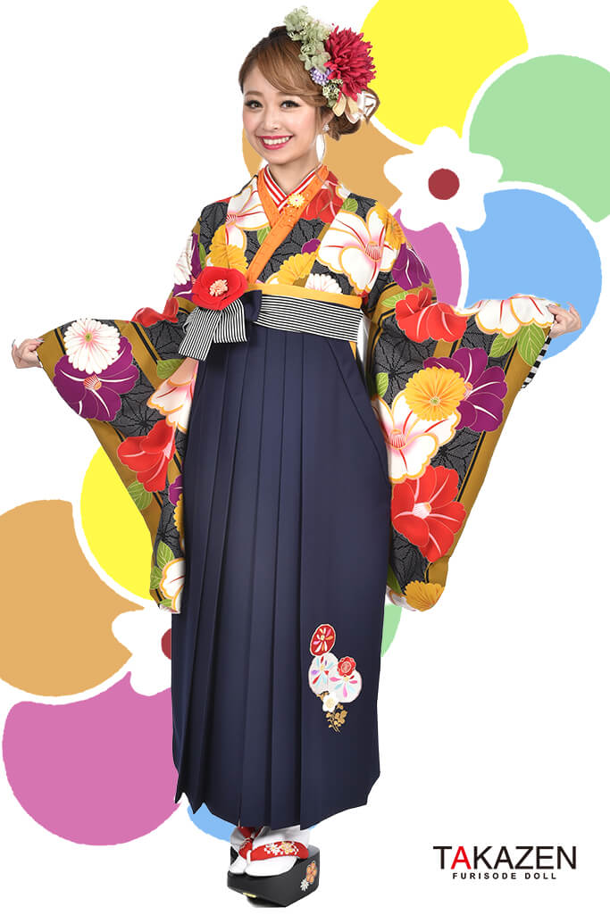 TAKAZENのレンタル袴 個性的レトロモダン(大人可愛い)　紺/からし/赤　R30016【通販可】