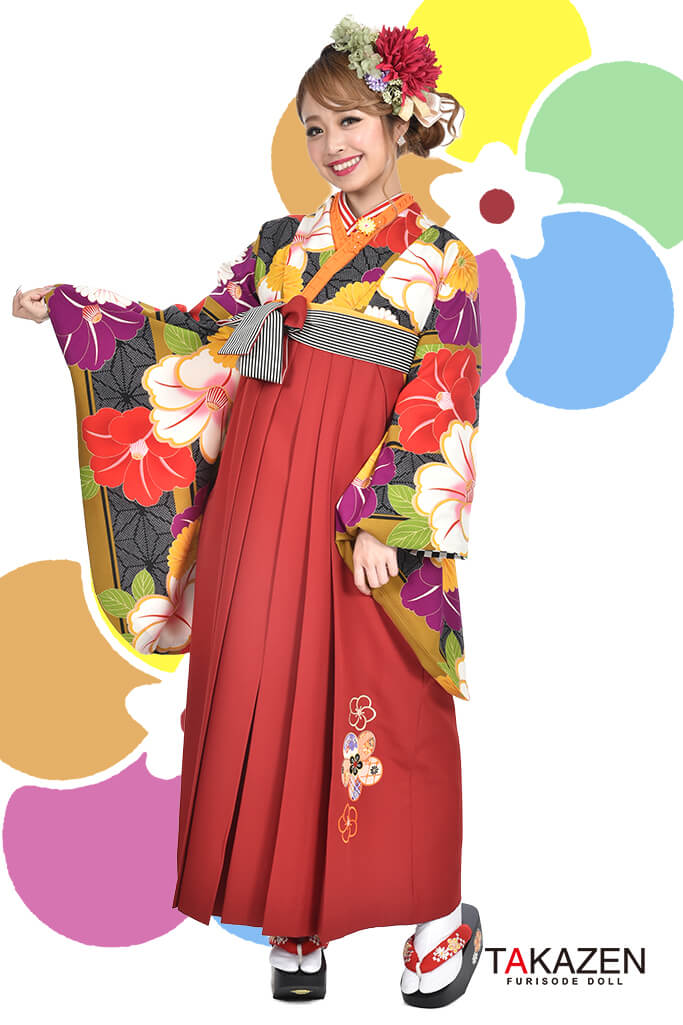 TAKAZENのレンタル袴 JAPANSTYLE×中村里砂ブランド袴　からし/赤/紫　椿柄　個性的　レトロモダン　大人っぽい　古風【通販可】R30016