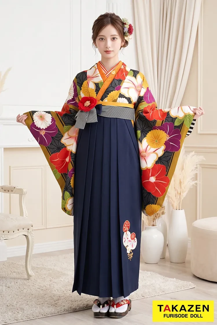 TAKAZENのレンタル袴 JAPANSTYLE×中村里砂ブランド袴 からし/赤/紫 椿柄 個性的 レトロモダン 大人っぽい 古風【通販可】R30016