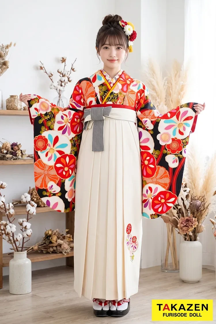 TAKAZENのレンタル袴 JAPANSTYLE×中村里砂ブランド袴 オレンジ/白/黒 可愛い レトロポップ 華やか 派手【通販可】R30017