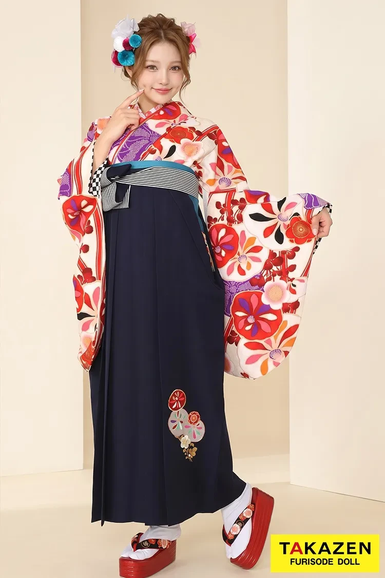TAKAZENのレンタル袴 JAPANSTYLE×中村里砂ブランド袴 白/赤/ピンク 個性的 レトロモダン 華やか 目立つ【通販可】R30018