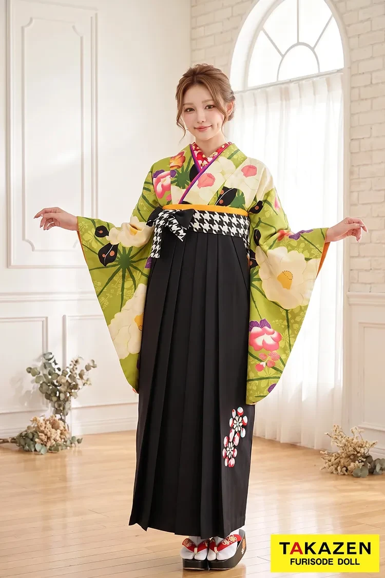 TAKAZENのレンタル袴 玉城ティナ×紅一点ブランド袴　黄緑/グリーン/クリーム　個性的　可愛い　レトロ【通販可】R30020