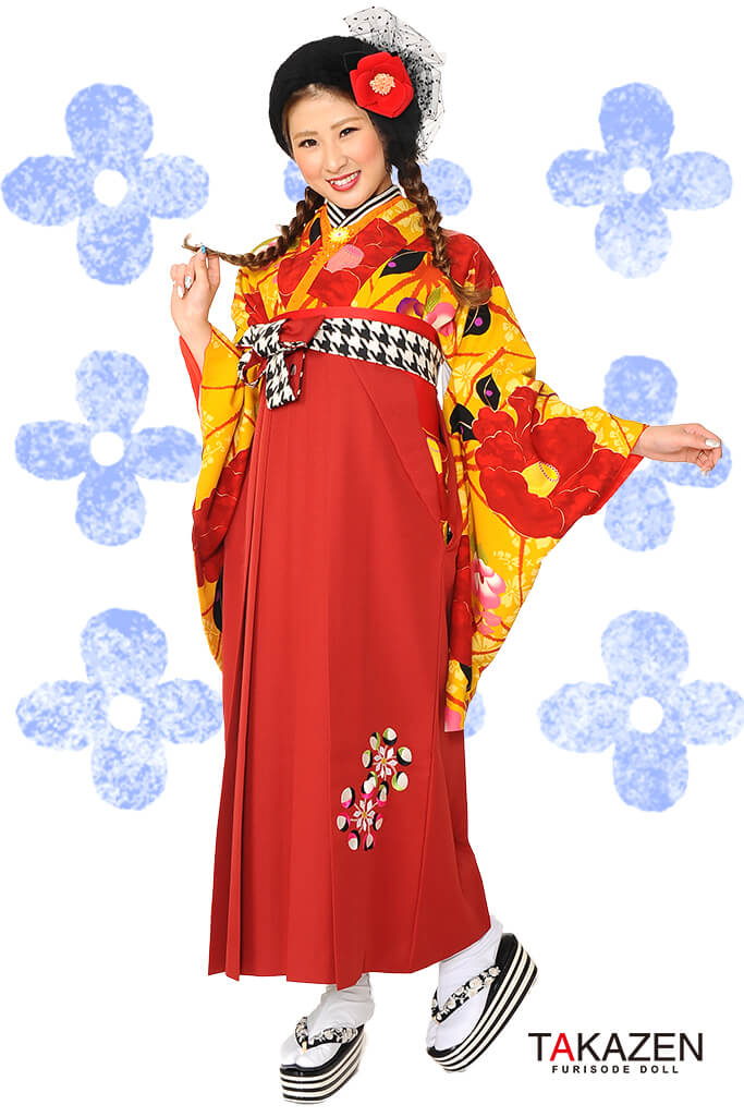 TAKAZENのレンタル袴 個性的レトロモダン(派手椿柄)　赤/カラシ/オレンジ　R30023【通販可】