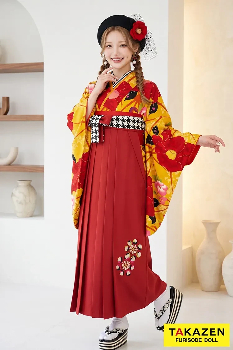 TAKAZENのレンタル袴 玉城ティナ×紅一点ブランド袴　からし/オレンジ　椿柄　個性的　レトロモダン【通販可】R30023