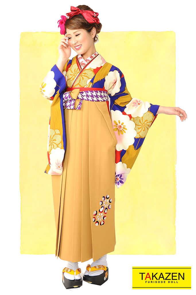 TAKAZENのレンタル袴 個性的レトロモダン(ポップな花柄)　赤/からし/紺/ブルー(青色)　R30024【通販可】