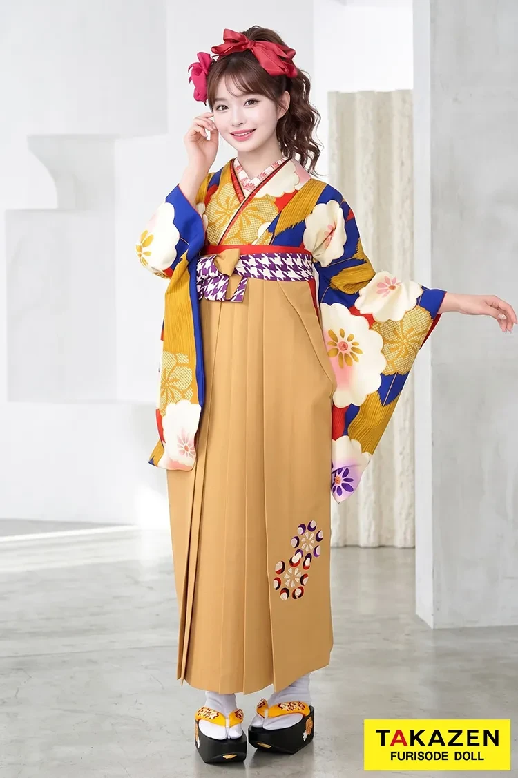TAKAZENのレンタル袴 玉城ティナ×紅一点ブランド袴 赤/からし/ブルー(青色) 饅頭菊 レトロモダン【通販可】R30024