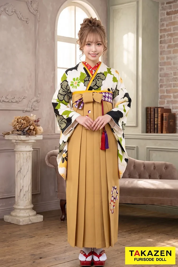 TAKAZENのレンタル袴 玉城ティナ×紅一点ブランド袴 白/黒/カラシ 饅頭菊 個性的 レトロモダン【通販可】R30025