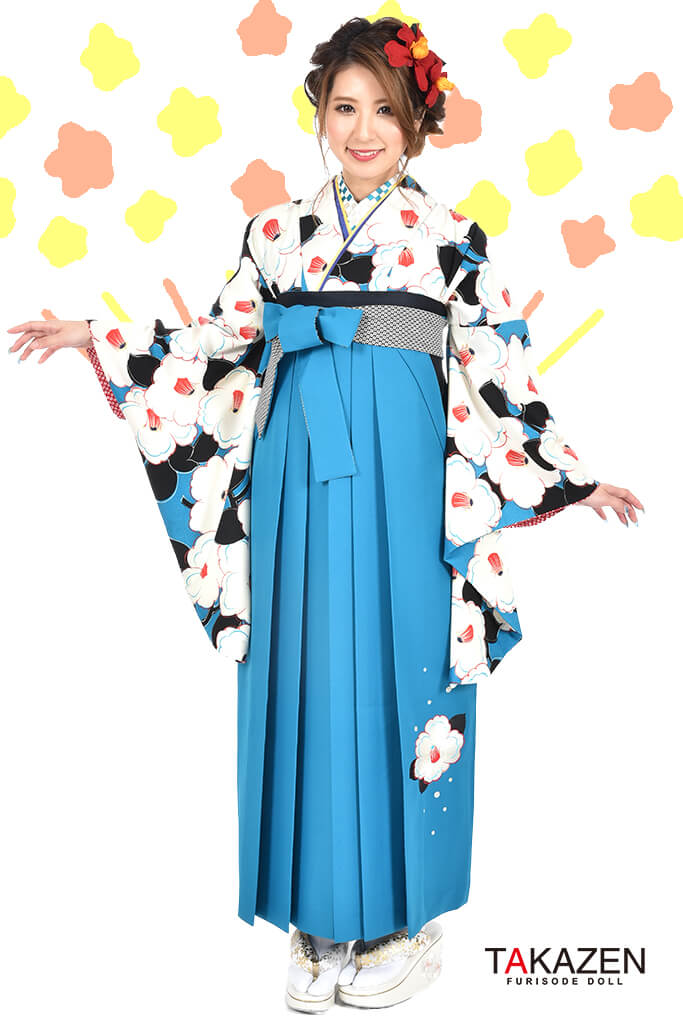 TAKAZENのレンタル袴 レトロ　水色(ブルー)/白　ツバキ柄/総柄　可愛い　個性的　モダン【通販可】R30039