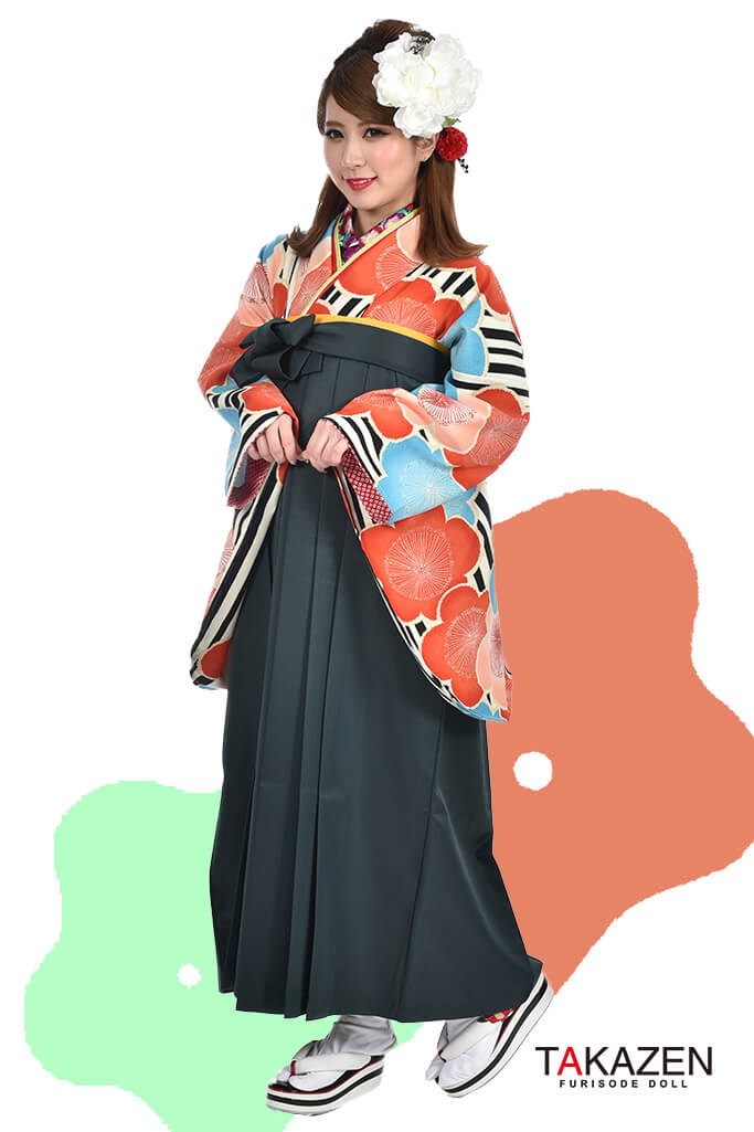 TAKAZENのレンタル袴 レトロ　オレンジ/白/黒　梅柄　個性的　レトロモダン【通販可】R30040