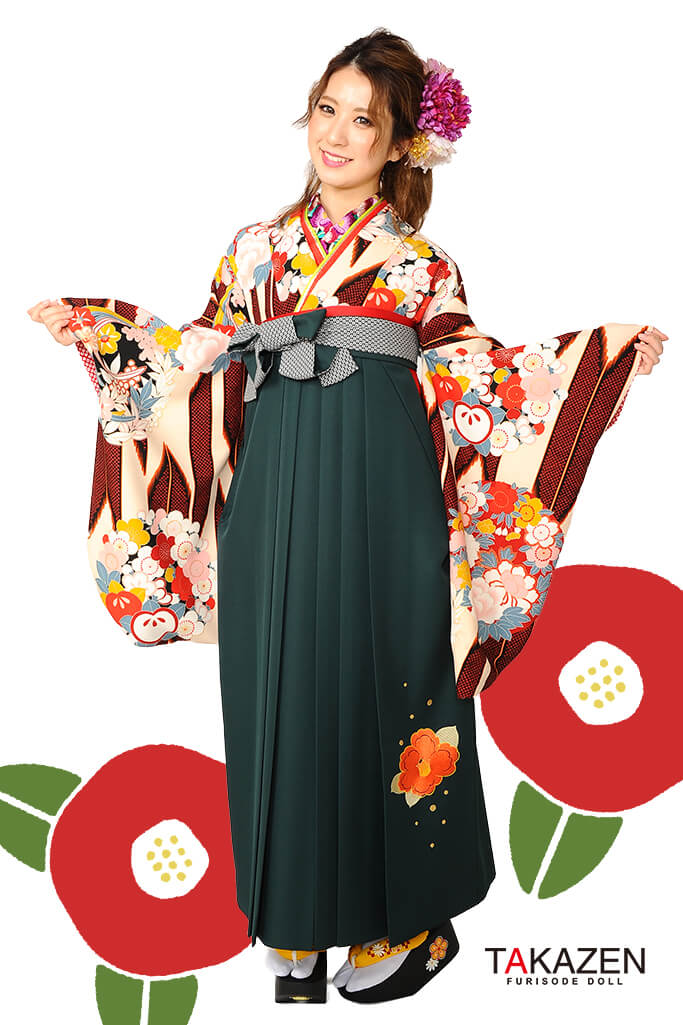 TAKAZENのレンタル袴 個性的レトロモダン(上品古典風)　茶/ブラウン/クリーム　R30043【通販可】