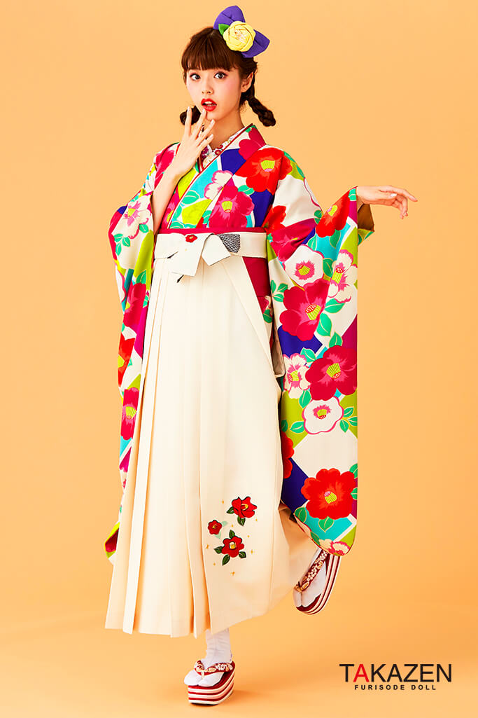 TAKAZENのレンタル袴 人気個性的レトロモダン(派手可愛い)　オレンジ/白/グリーン(緑色)　R30052【通販可】
