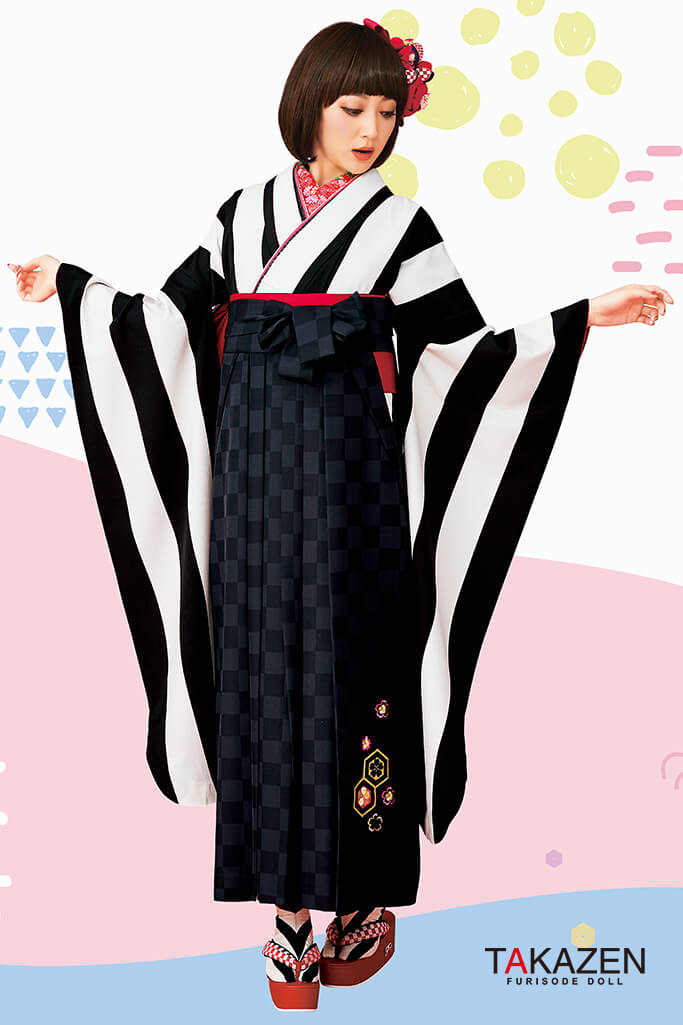 TAKAZENのレンタル袴 人気個性的レトロモダン(目立つストライプ柄)　黒/白　R30055【通販可】