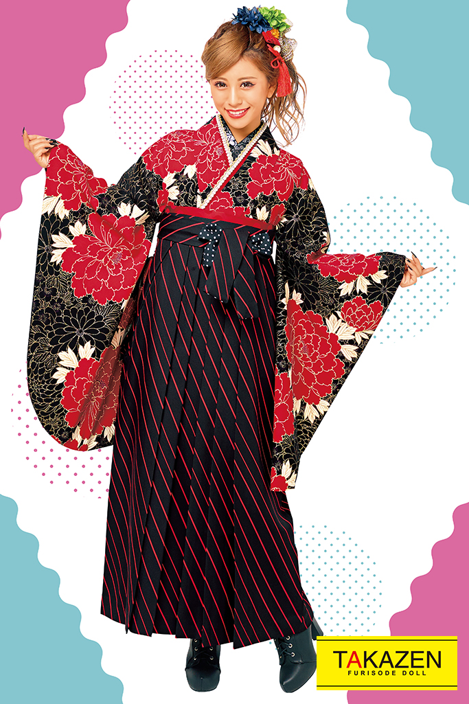 TAKAZENのレンタル袴 派手かっこいい(目立つクール)　黒/赤　R31005【通販可】