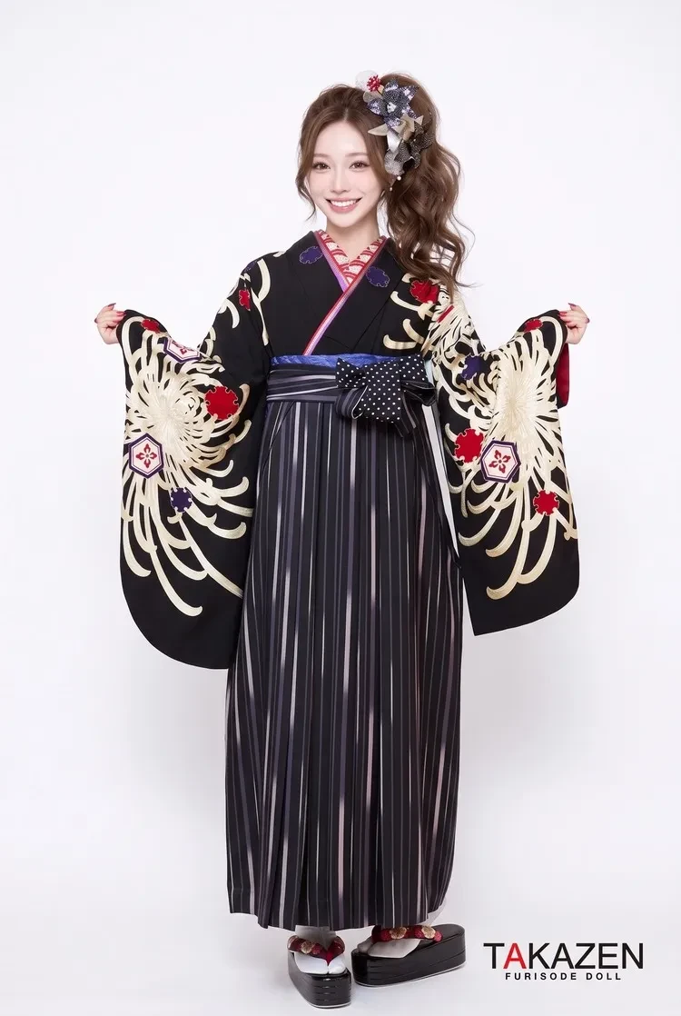 TAKAZENのレンタル袴 ジャパンモード 黒 乱菊 派手 カッコイイ 目立つ 被らない 渋い 粋【通販可】R31007