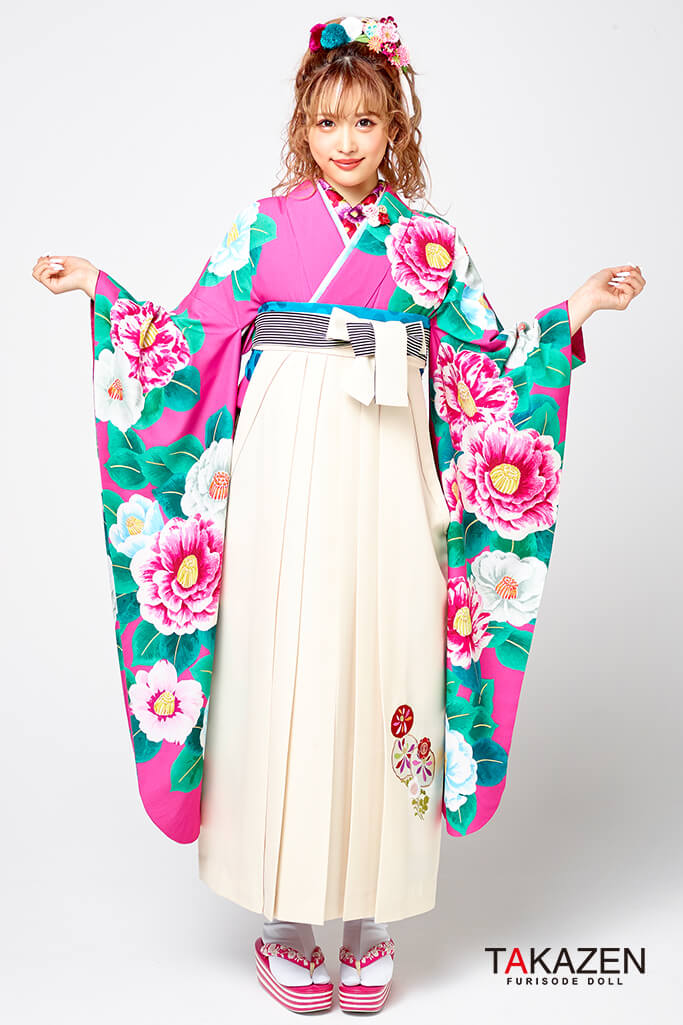 卒業式袴レンタル 通販可 個性的レトロモダン 派手可愛いツバキ 白 ピンク R キュート ガーリー 成人式振袖 卒業式袴 レンタル 前撮りなら Takazen 大阪 梅田 心斎橋 堺 兵庫 神戸 奈良の店舗へ