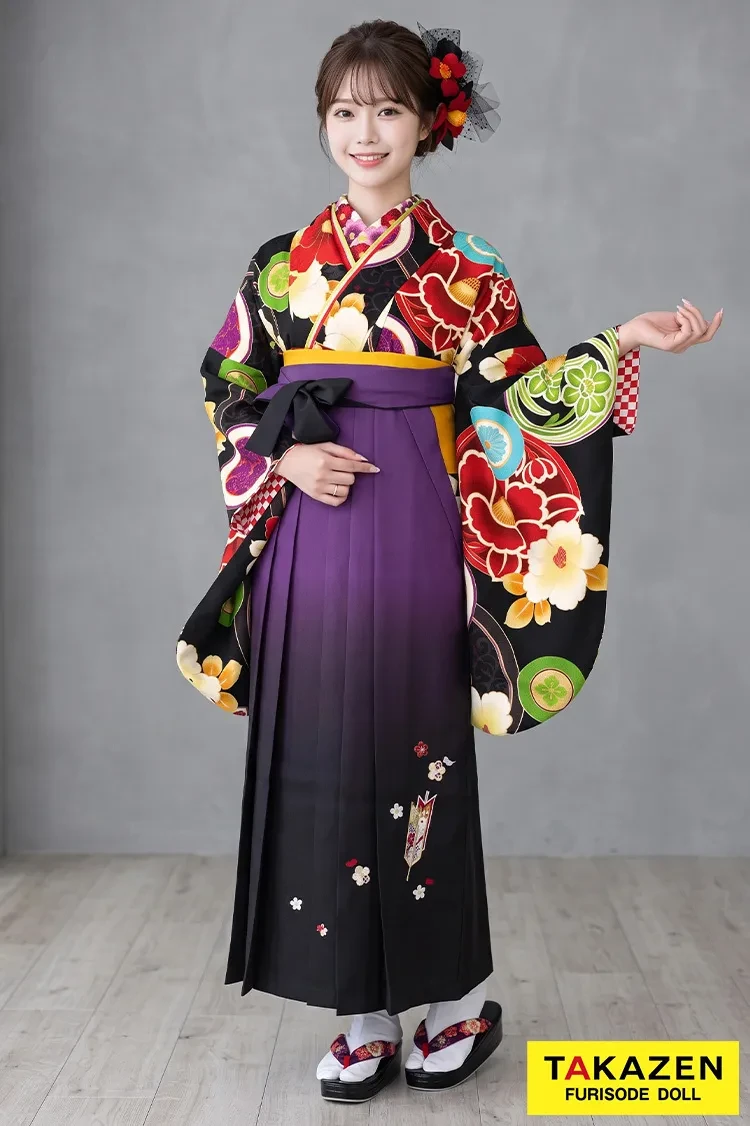 TAKAZENのレンタル袴 JAPANSTYLE×中村里砂ブランド袴　黒/赤/水色　ツバキ柄　レトロモダン　大人っぽい【通販可】R31022
