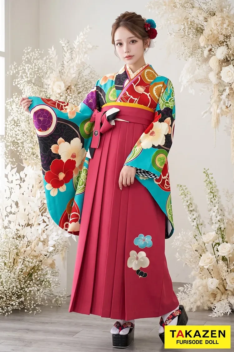 TAKAZENのレンタル袴 JAPANSTYLE×中村里砂ブランド袴 水色/ブルー/ピンク ツバキ柄 派手 可愛い【通販可】R31023