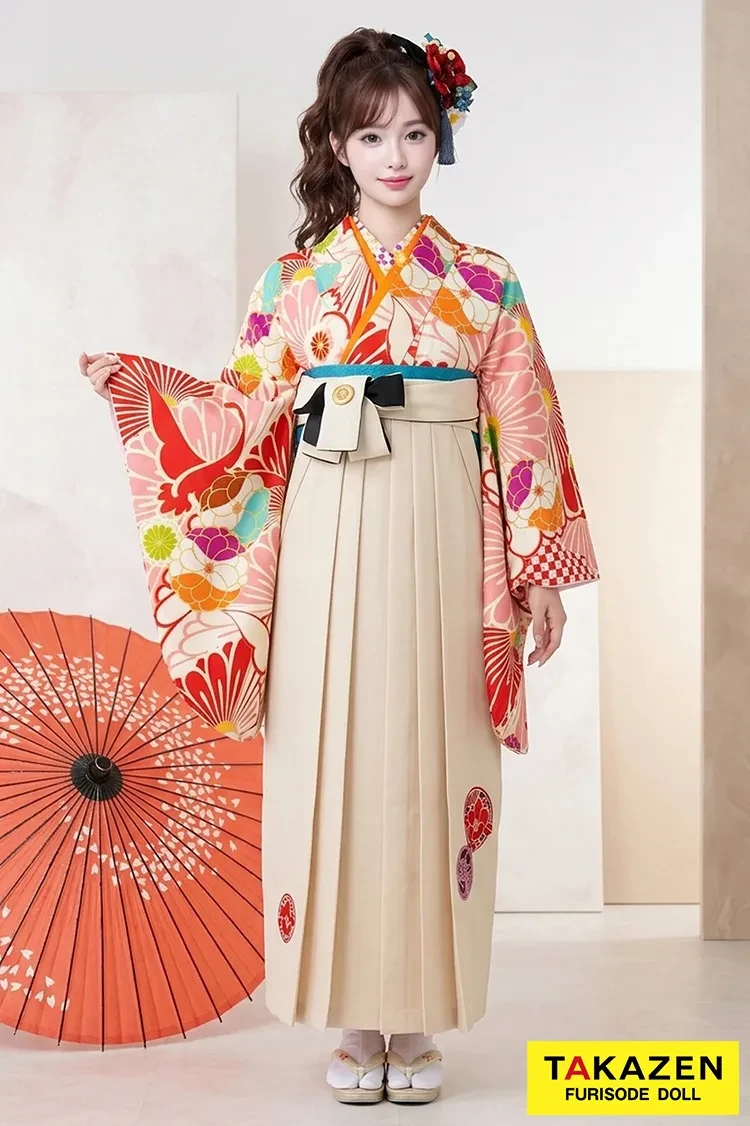 TAKAZENのレンタル袴 JAPANSTYLE×中村里砂ブランド袴 ピンク/赤/オレンジ 鶴柄 可愛い 暖色系【通販可】R31025