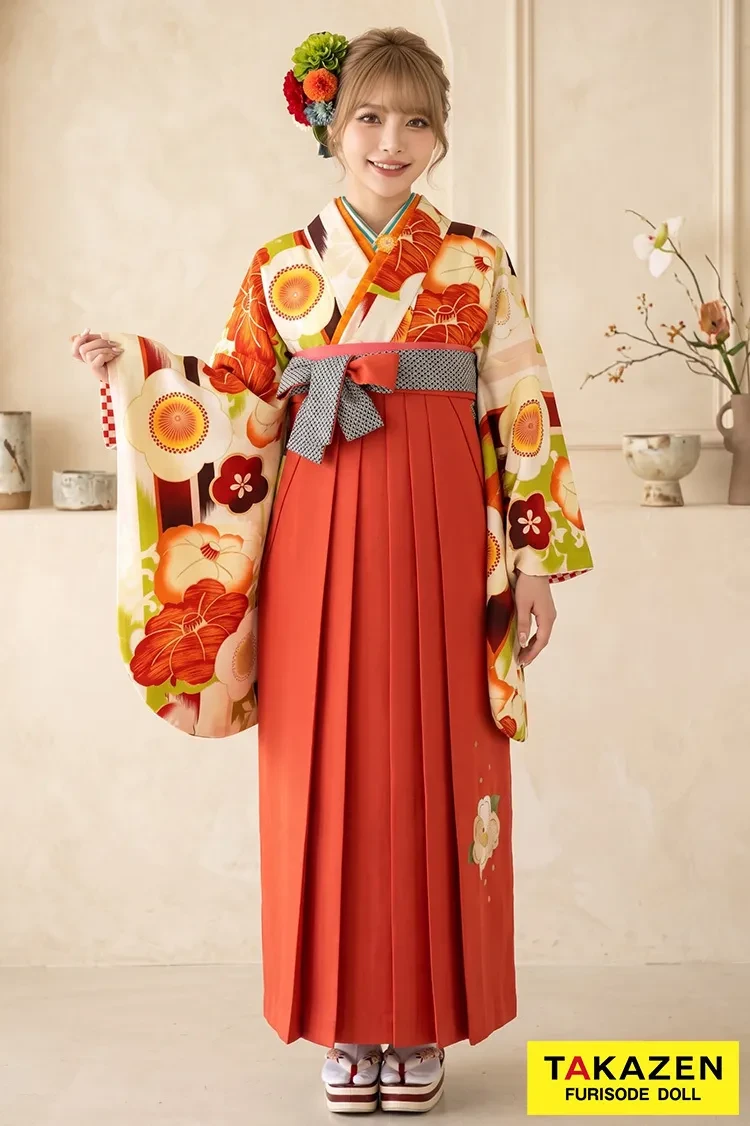 TAKAZENのレンタル袴 JAPANSTYLE×中村里砂ブランド袴　オレンジ/クリーム　梅柄　暖色系のレトロ袴　個性的　レトロモダン【通販可】R31027