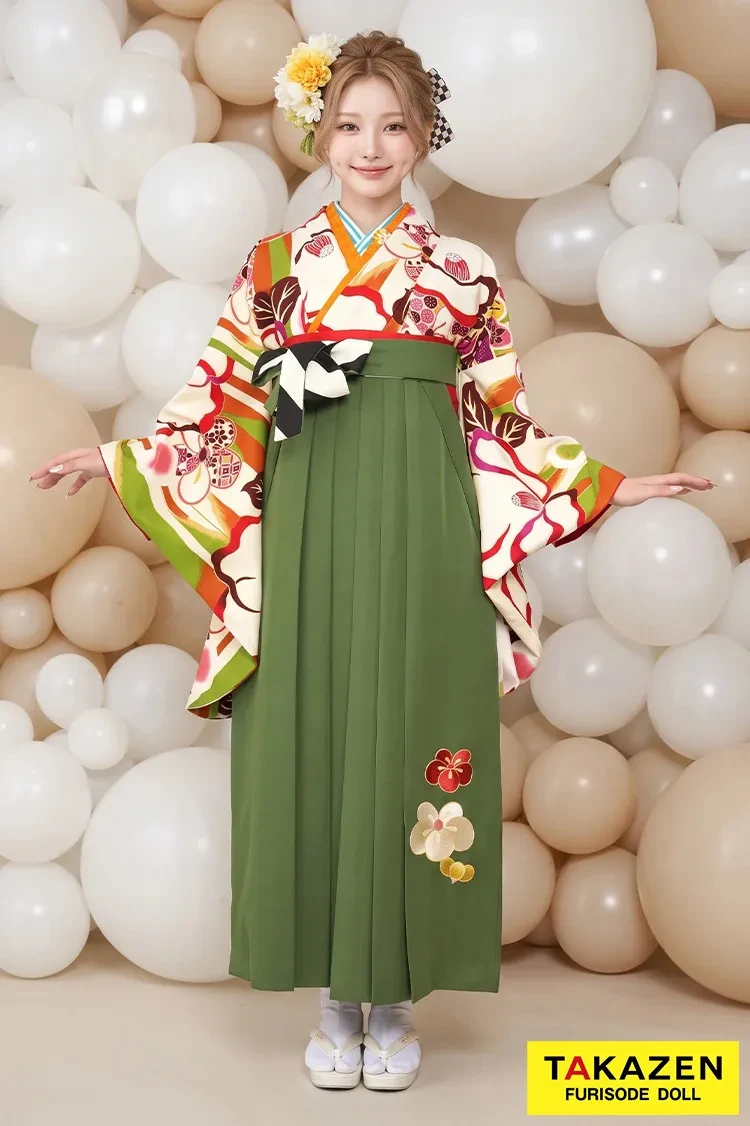 TAKAZENのレンタル袴 玉城ティナ×紅一点ブランド袴　オレンジ/白/グリーン(緑色)　椿柄　レトロモダン　ポップ【通販可】R31028