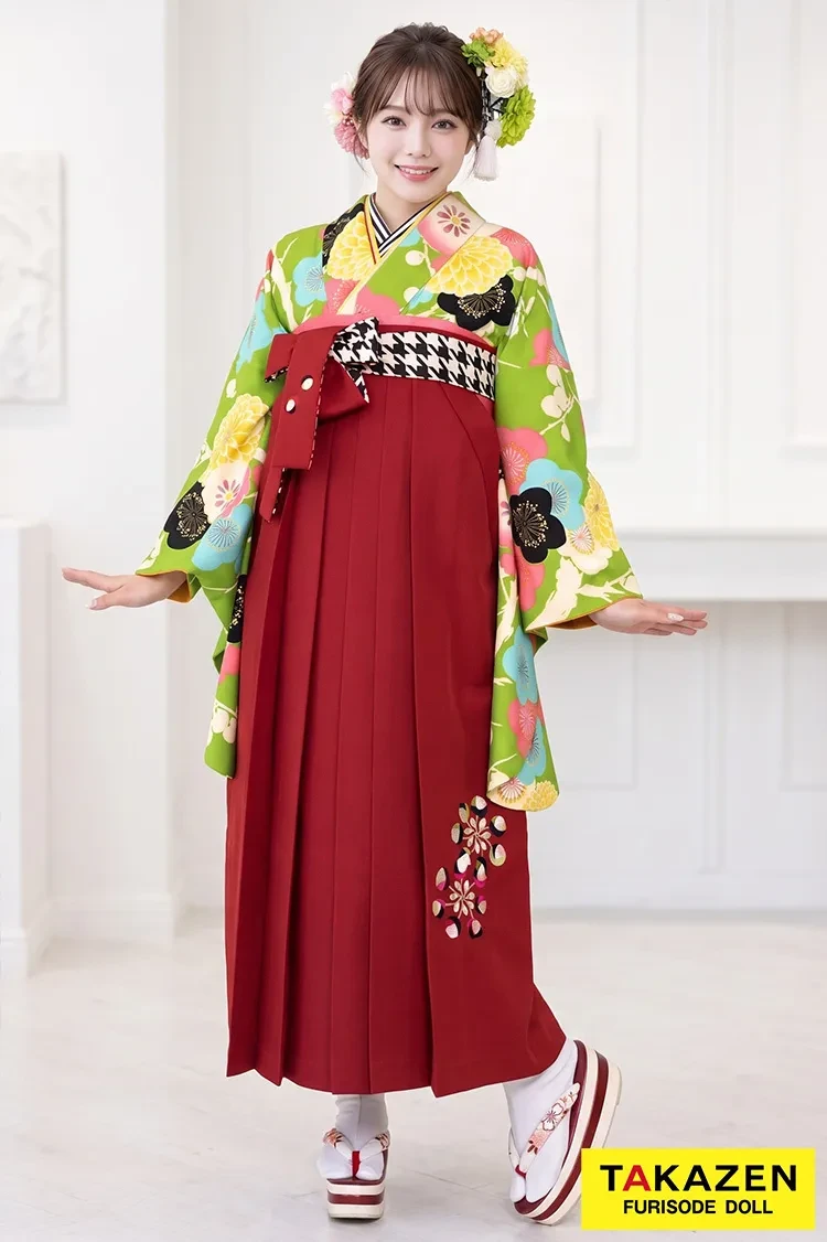 TAKAZENのレンタル袴 玉城ティナ×紅一点ブランド袴　黄緑/グリーン/　桜柄　かわいらしい　はんなり　おしとやか【通販可】R31031