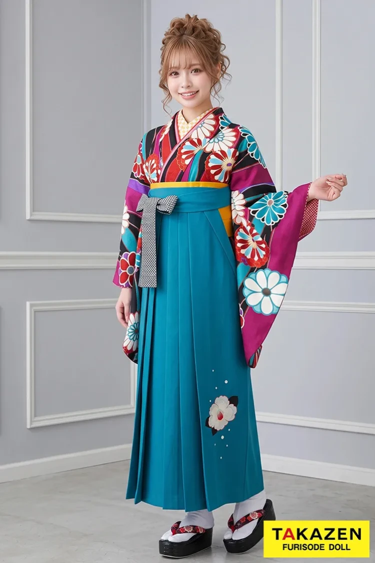 TAKAZENのレンタル袴 レトロ 紫/ブルー(青色) 花柄 人気 個性的 目立つ カラフルコーデ【通販可】R31043