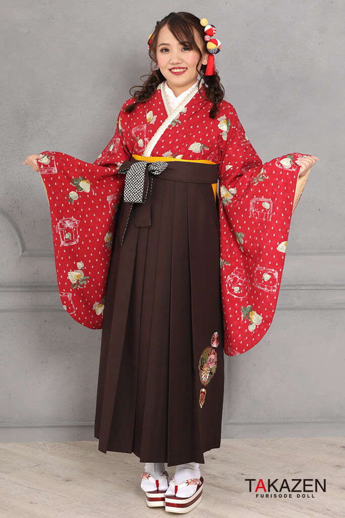 TAKAZENのレンタル袴 レトロ　赤　苺柄　可愛い　個性的【通販可】R31048