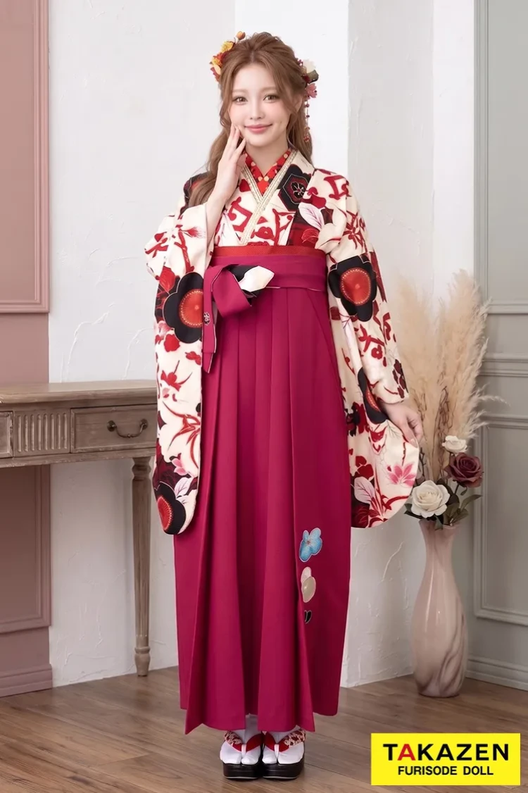 TAKAZENのレンタル袴 JAPANSTYLE×中村里砂ブランド袴　白/赤　梅柄のレトロポップな袴　かわいい【通販可】R32003