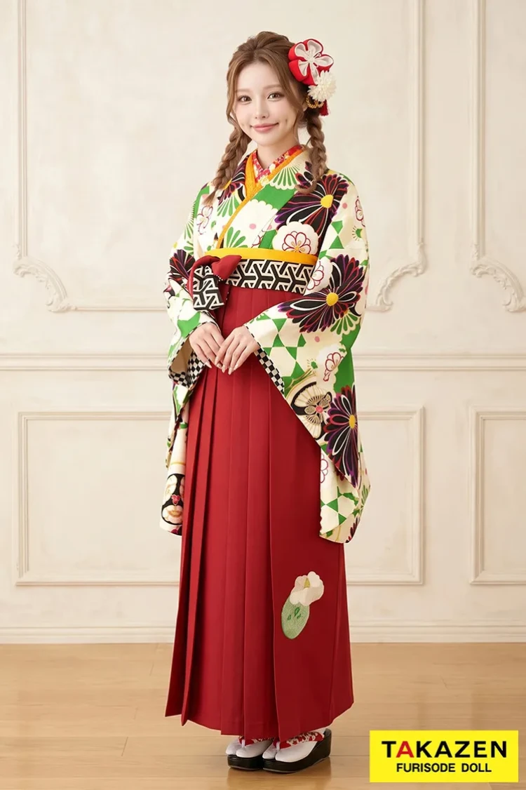 TAKAZENのレンタル袴 玉城ティナ×紅一点ブランド袴　黄緑/グリーン/黒　菊柄/総柄　目立つ　人と被らない【通販可】R32006