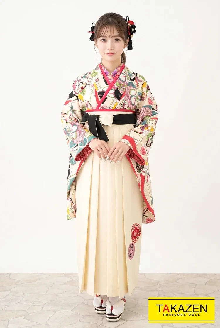 TAKAZENのレンタル袴 正統派古典 ピンクベージュ 饅頭菊 個性的 レトロモダン おしゃれ【通販可】R32013