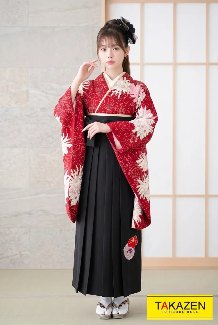 TAKAZENのレンタル袴 正統派古典　赤/白　乱菊柄　目立つ　かっこいい　大人っぽい【通販可】R32016