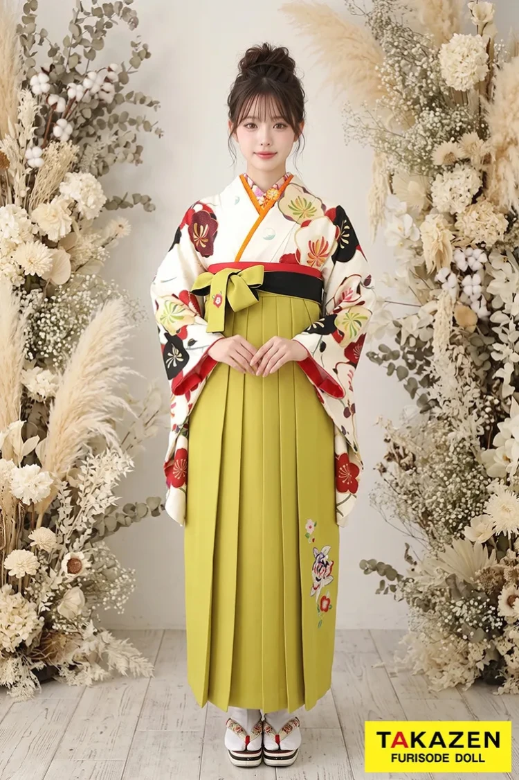 TAKAZENのレンタル袴 玉城ティナ×紅一点ブランド袴 白/赤/黒 椿柄 個性的 可愛い レトロ【通販可】R32019