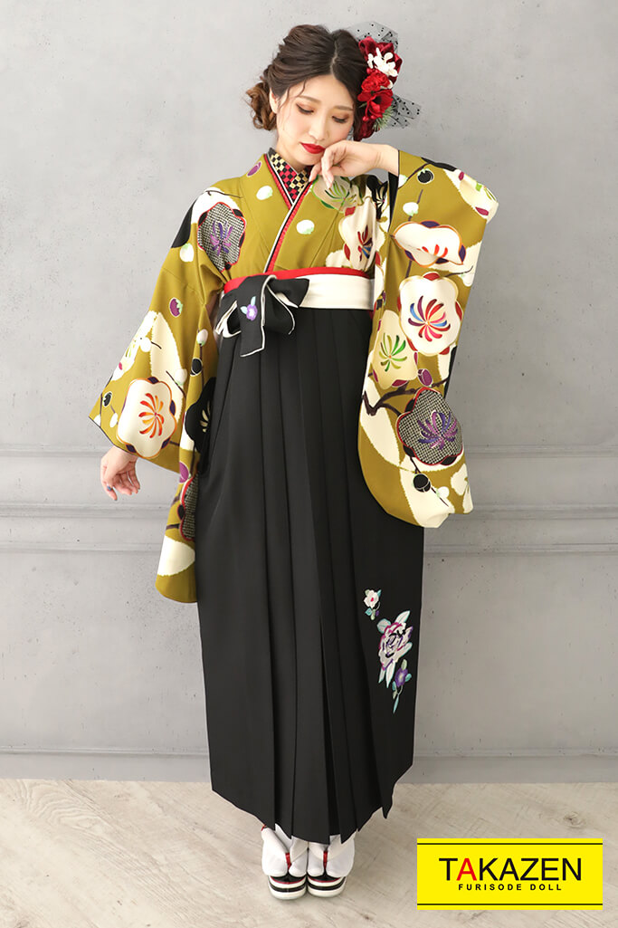 TAKAZENのレンタル袴 個性的可愛いレトロ(大人可愛い椿柄)　カラシ　R32020【通販可】
