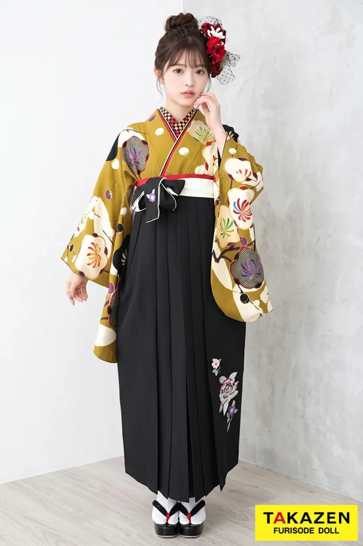 TAKAZENのレンタル袴 玉城ティナ×紅一点ブランド袴　カラシ　梅柄　個性的　派手　目立つ　レトロモダン【通販可】R32020