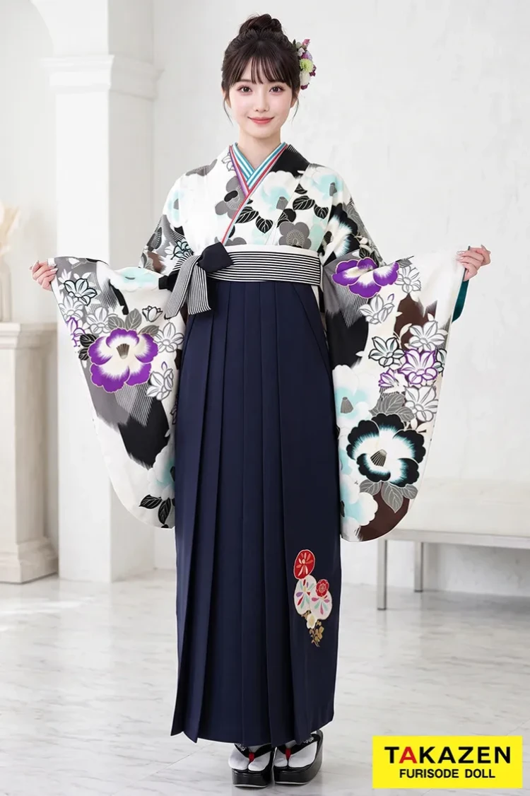 TAKAZENのレンタル袴 玉城ティナ×紅一点ブランド袴　ブルー(水色)/白/黒　椿柄　個性的　可愛い【通販可】R32021