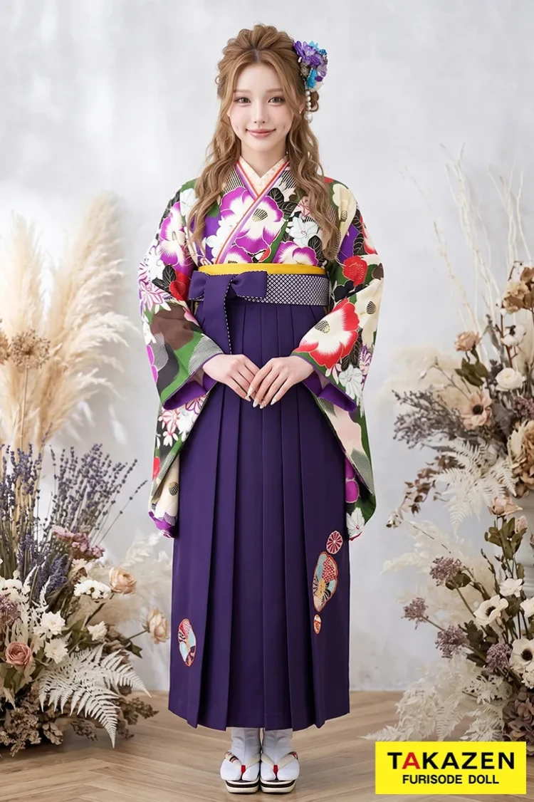 TAKAZENのレンタル袴 玉城ティナ×紅一点ブランド袴 グリーン(緑色)/紫 椿柄 個性的 レトロモダン【通販可】R32022