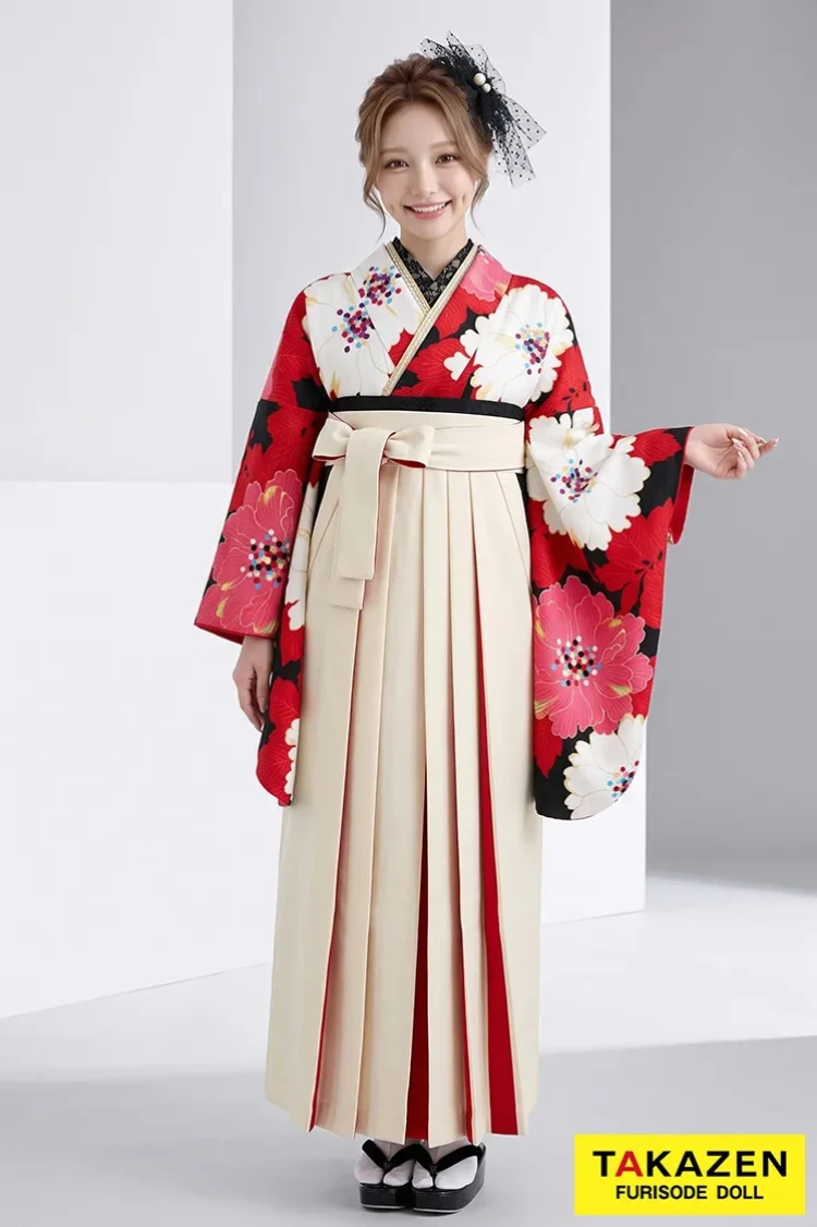 TAKAZENのレンタル袴 玉城ティナ×紅一点ブランド袴 赤/白 華やかな大柄の袴 大人っぽい【通販可】R32023