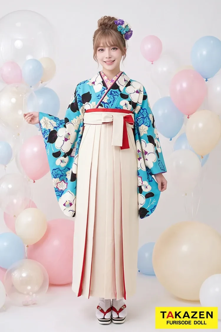 TAKAZENのレンタル袴 玉城ティナ×紅一点ブランド袴 水色 椿柄/総柄 個性的 可愛い【通販可】R32024