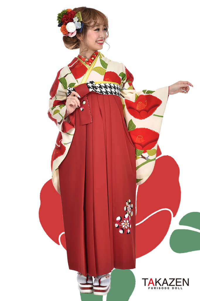 TAKAZENのレンタル袴 人気個性的レトロモダン(可愛い椿柄)　RY006【通販可】