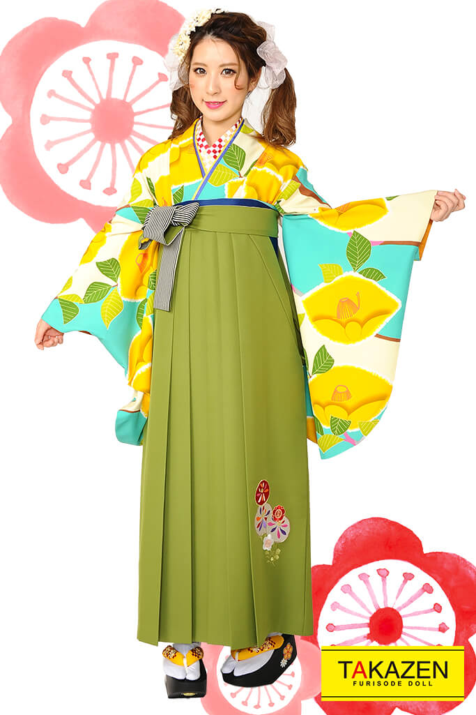 TAKAZENのレンタル袴 レトロ　水色/黄色　ツバキ柄　爽やか　寒色系　ポップ 【通販可】RY007