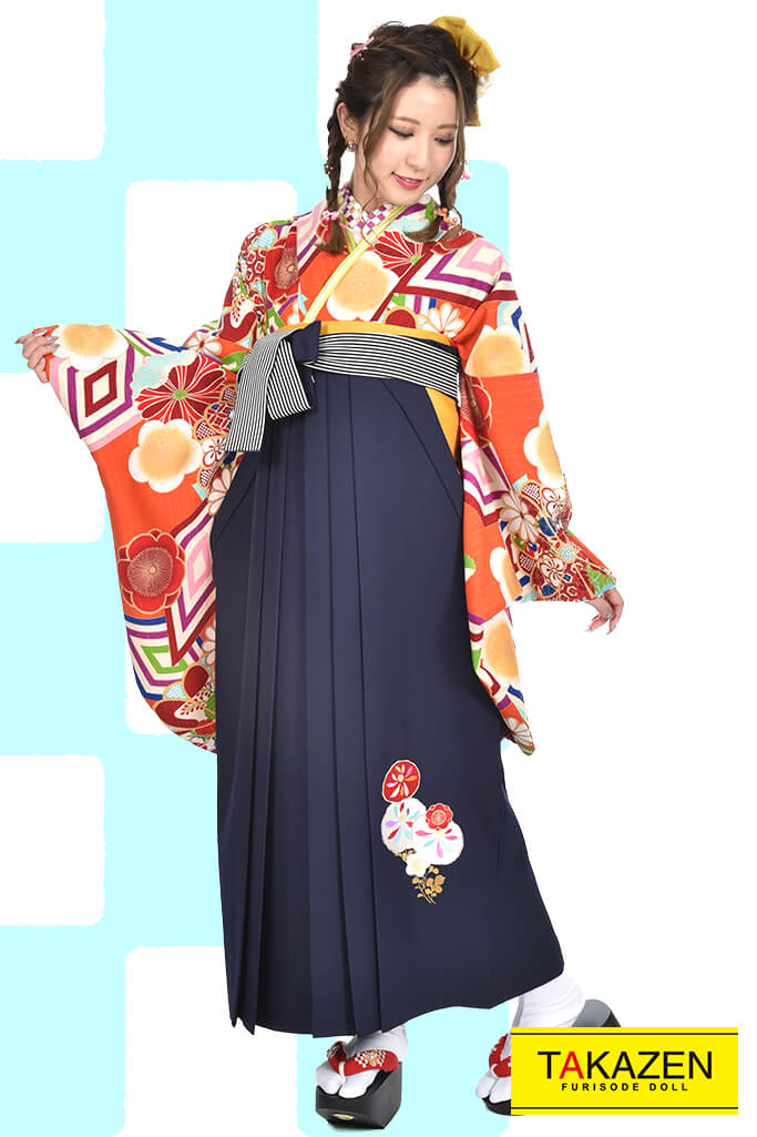 TAKAZENのレンタル袴 正統派古典　オレンジ/ビタミンカラー　菱形　大人っぽい　和柄【通販可】RY009