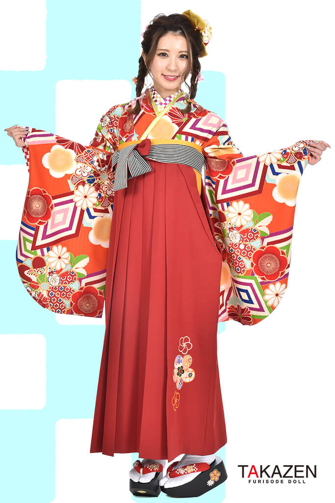 TAKAZENのレンタル袴 正統派古典　オレンジ/ビタミンカラー　菱形　大人っぽい　和柄【通販可】RY009
