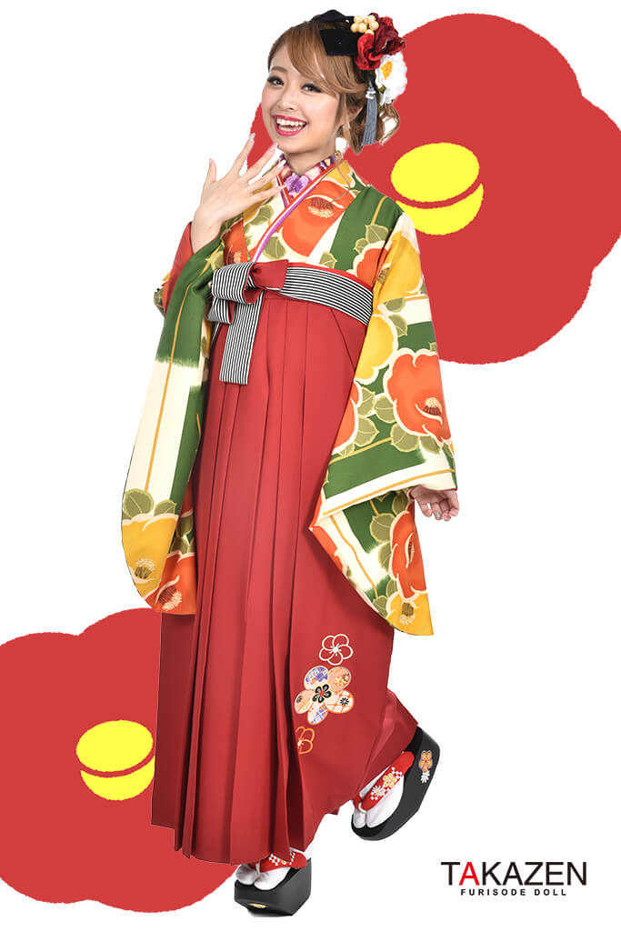 TAKAZENのレンタル袴 レトロ　グリーン/緑色/オレンジ　椿柄　古風　和柄　先生におすすめ【通販可】RY011