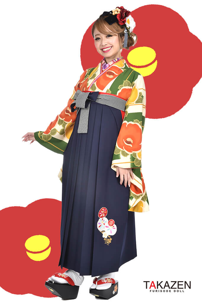 TAKAZENのレンタル袴 レトロ　グリーン/緑色/オレンジ　椿柄　古風　和柄　先生におすすめ【通販可】RY011